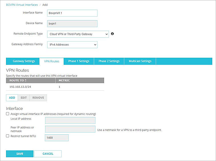 Screen shot of the completed VPN Route settings